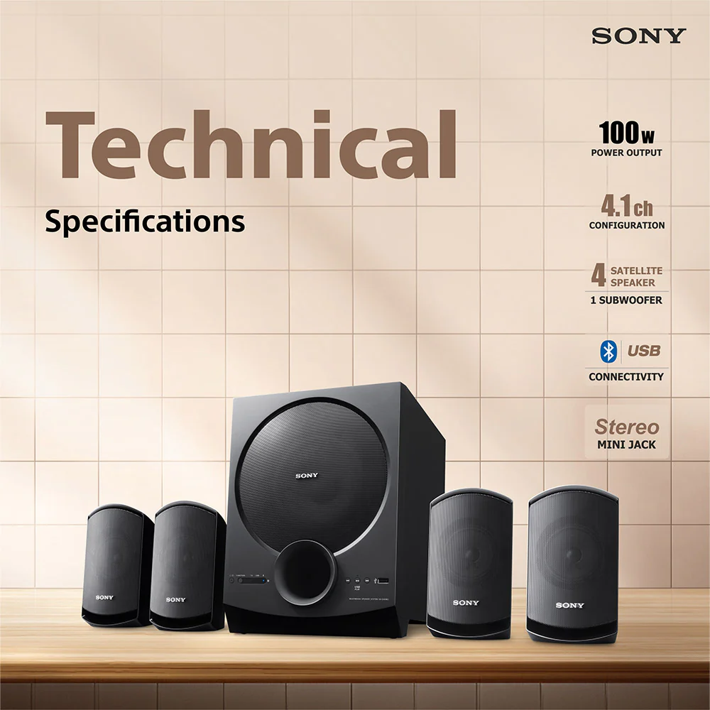 Sony New SA-D40M2 4.1ch Home Theatre Speaker with 100w Power Output and Powerful Subwoofer (Bluetooth, USB, AUX, Remote Control) - Image 3